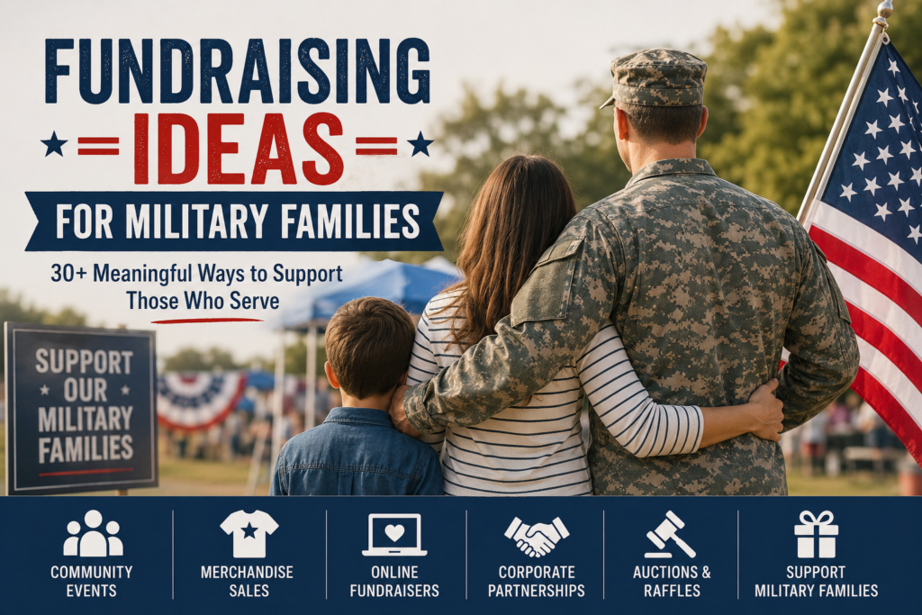 Fundraising ideas for military families featuring community events, merchandise sales, online fundraisers, and other ways to support military families and service members.