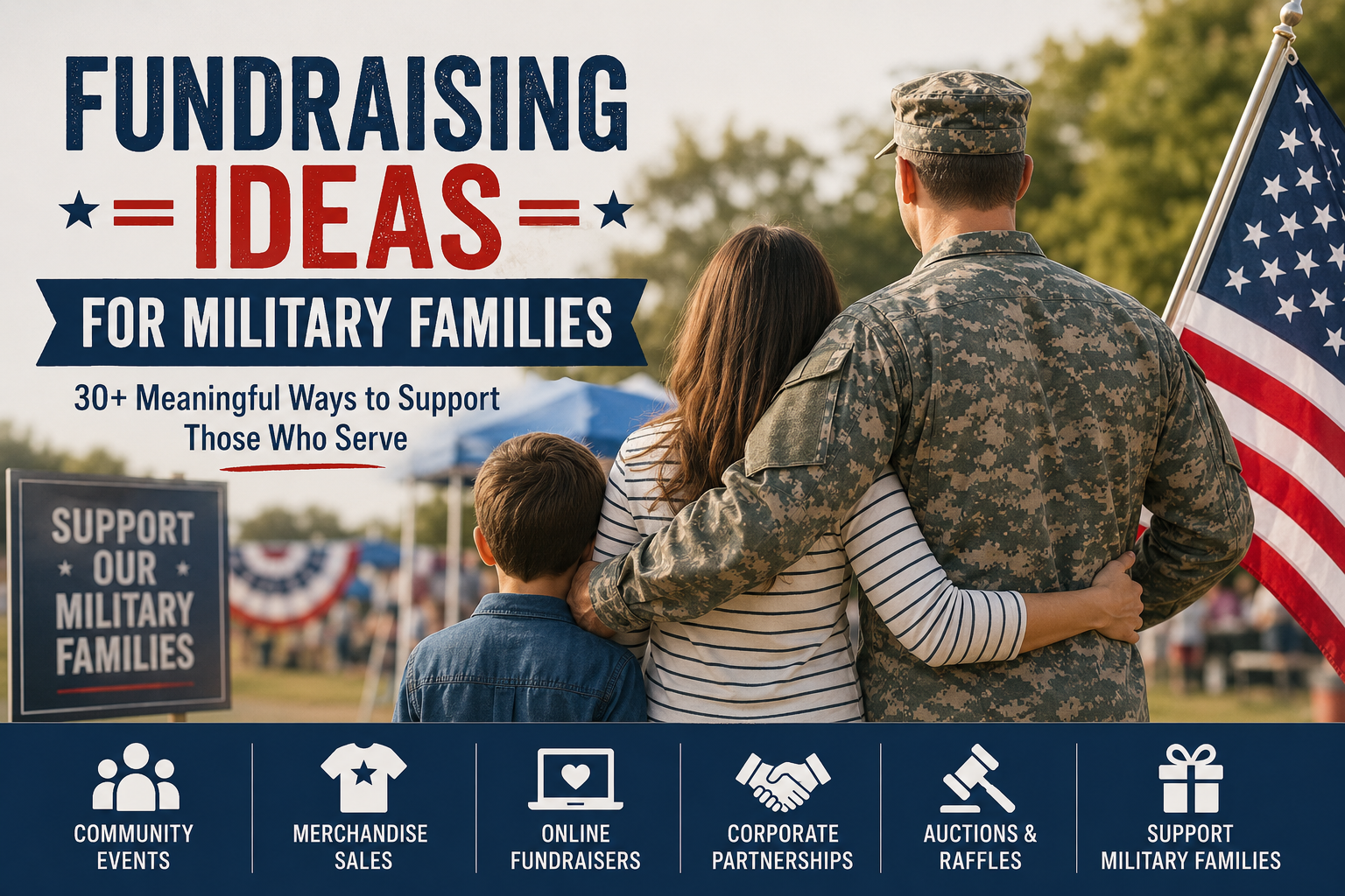 Fundraising ideas for military families featuring community events, merchandise sales, online fundraisers, and other ways to support military families and service members.