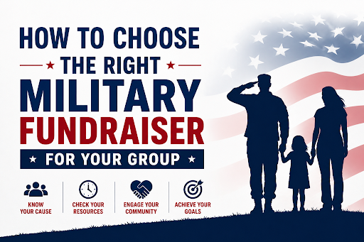 Military family silhouette with the text How to Choose the Right Military Fundraiser for Your Group over an American flag background.