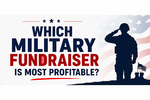 Saluting soldier silhouette with the text Which Military Fundraiser Is Most Profitable? on an American flag background.