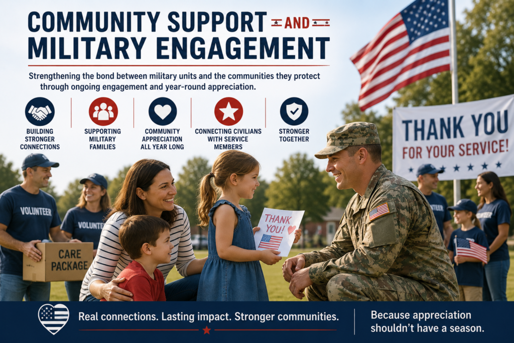 Community support and military engagement connecting civilians, military families, volunteers, and service members through year-round appreciation and support.