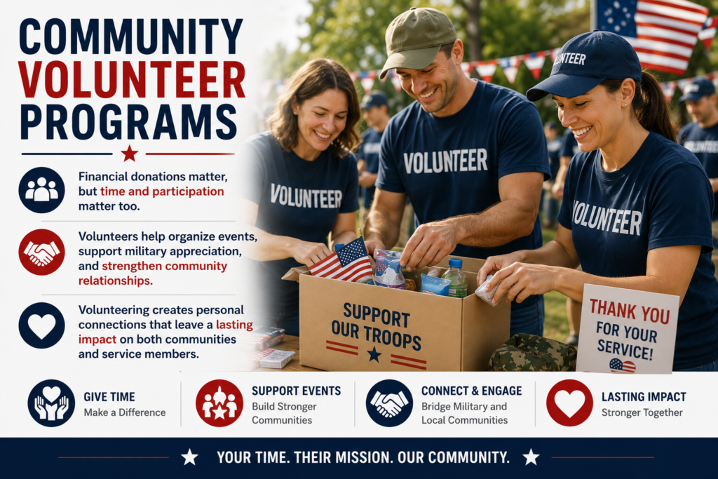 Community volunteers supporting military families and service members through events, care packages, and local engagement.