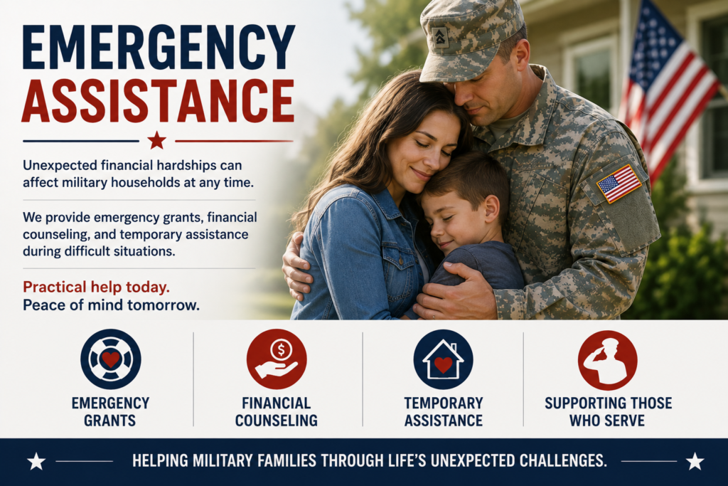 Military family receiving emergency assistance through financial grants, counseling, and temporary support during unexpected financial hardships.