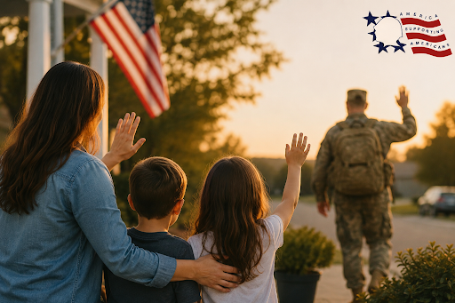 Military family supporting a deployed soldier at sunset.