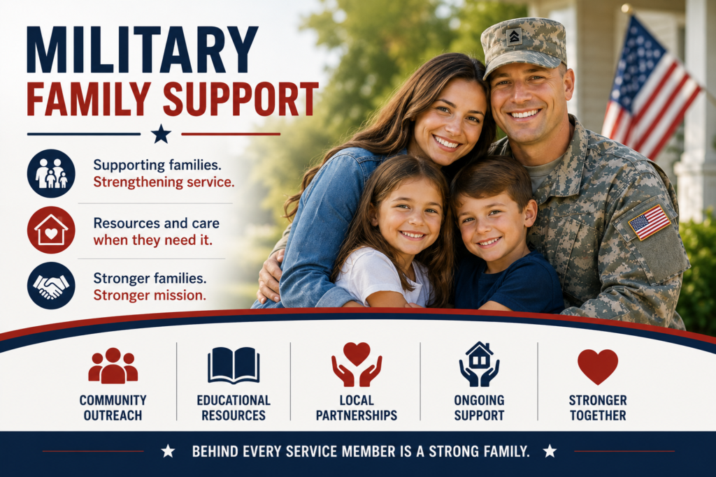 Military family support showing a service member with their family and highlighting community outreach, educational resources, local partnerships, and ongoing support.