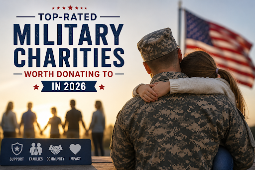 Top-rated military charities worth donating to in 2026, featuring a soldier embracing a child with an American flag in the background.