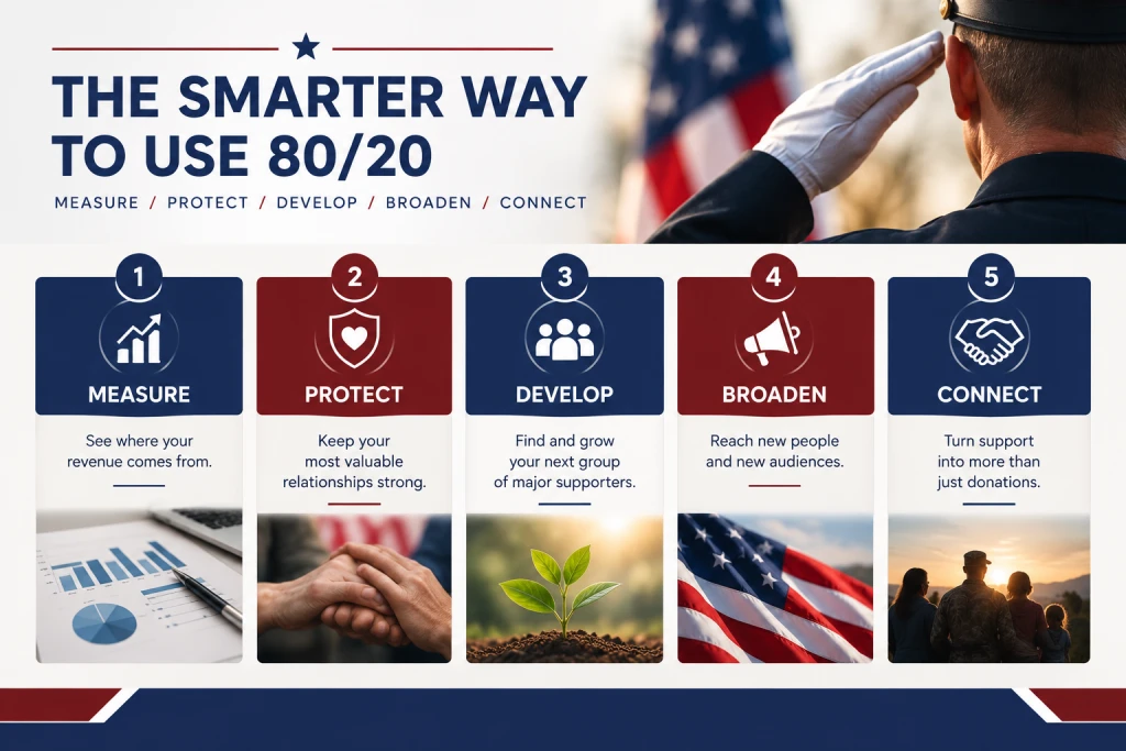 Five-step 80/20 fundraising framework for nonprofits.